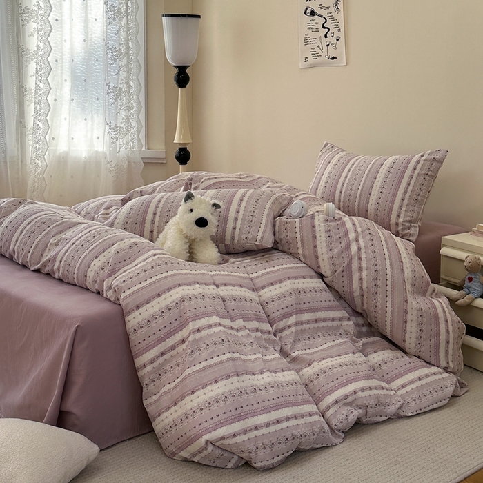 91家纺网 家纺一手货源 找家纺 洋铭区（原狠狠爱） 2024新款无边全棉双层纱四件套 风铃紫