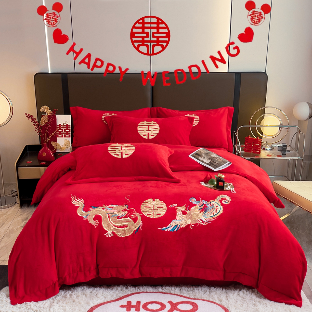 91家纺网 家纺一手货源 找家纺 卓缦家纺 2024新款高克重全消光牛奶绒婚庆刺绣四件套（控价+50） 龙飞凤舞