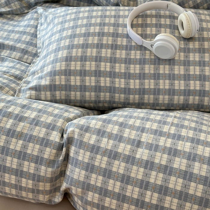 91家纺网 家纺一手货源 找家纺 洋铭区（原狠狠爱） 2024新款无边全棉双层纱四件套 绅士蓝格