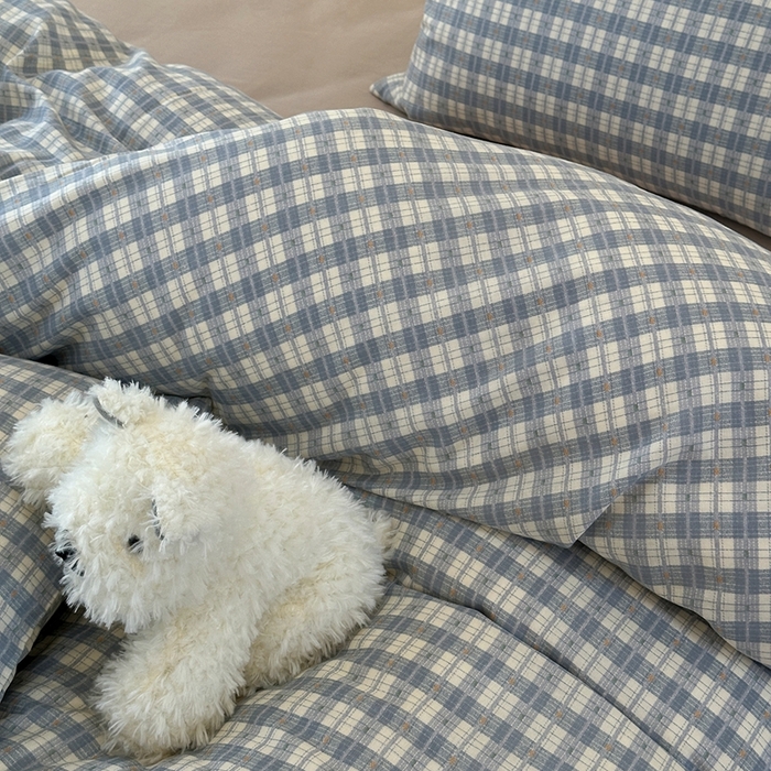 91家纺网 家纺一手货源 找家纺 洋铭区（原狠狠爱） 2024新款无边全棉双层纱四件套 绅士蓝格