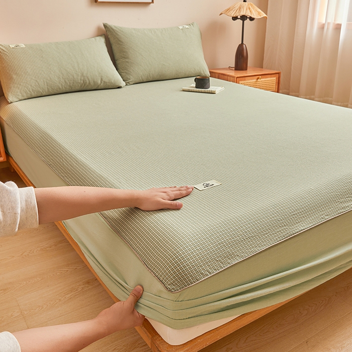 91家纺网 家纺一手货源 找家纺 笠客家纺 2024新款直播爆款色织纯棉全面水洗棉单品工艺款系列单床笠 夏末绿