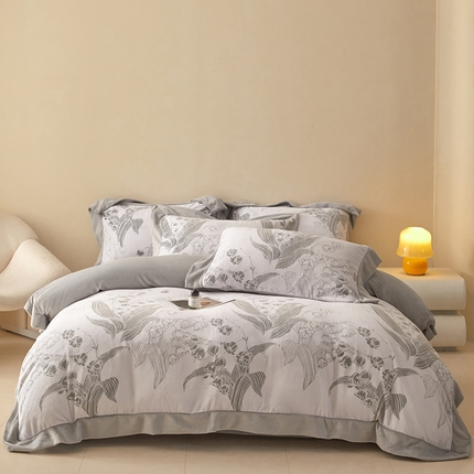 新方向 2025新款高克重240克A类全消光印花牛奶绒四件套-铃兰 铃兰-浅灰