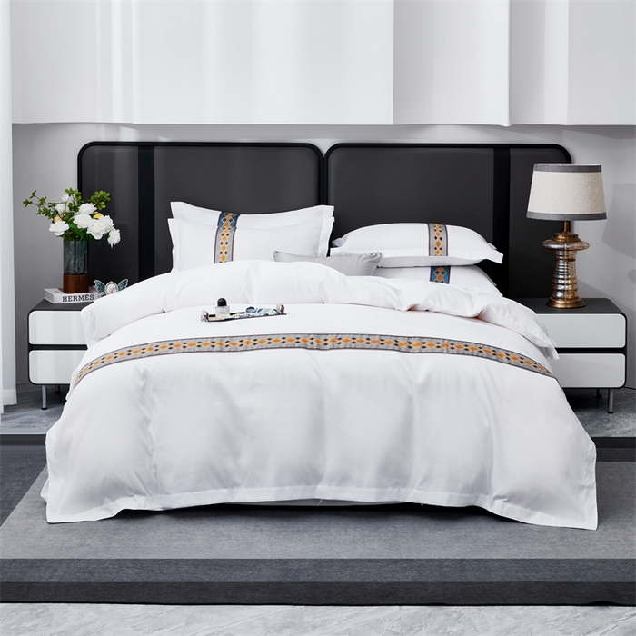 91家纺网 家纺一手货源 找家纺 罗菲尼酒店用品 2025新款织带高仿棉酒店四件套宾馆四件套 满客灰