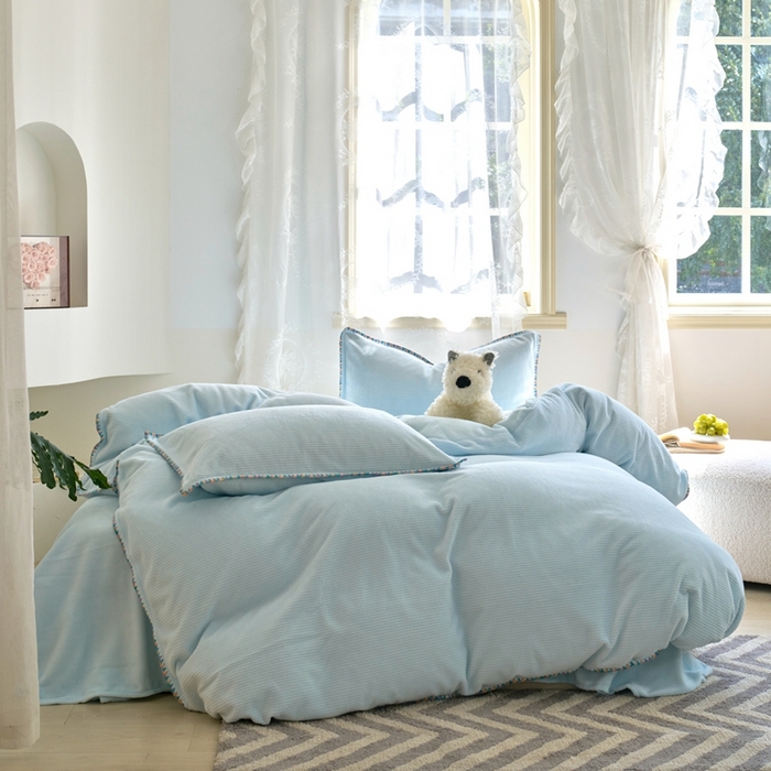 91家纺网 家纺一手货源 找家纺 洋铭区（原狠狠爱） 2024新款华夫格 绒（彩边）四件套 云水蓝