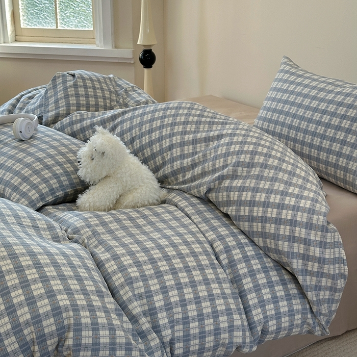 91家纺网 家纺一手货源 找家纺 洋铭区（原狠狠爱） 2024新款无边全棉双层纱四件套 绅士蓝格