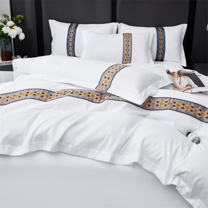 91家纺网 家纺一手货源 找家纺 罗菲尼酒店用品 2025新款织带高仿棉酒店四件套宾馆四件套 满客灰