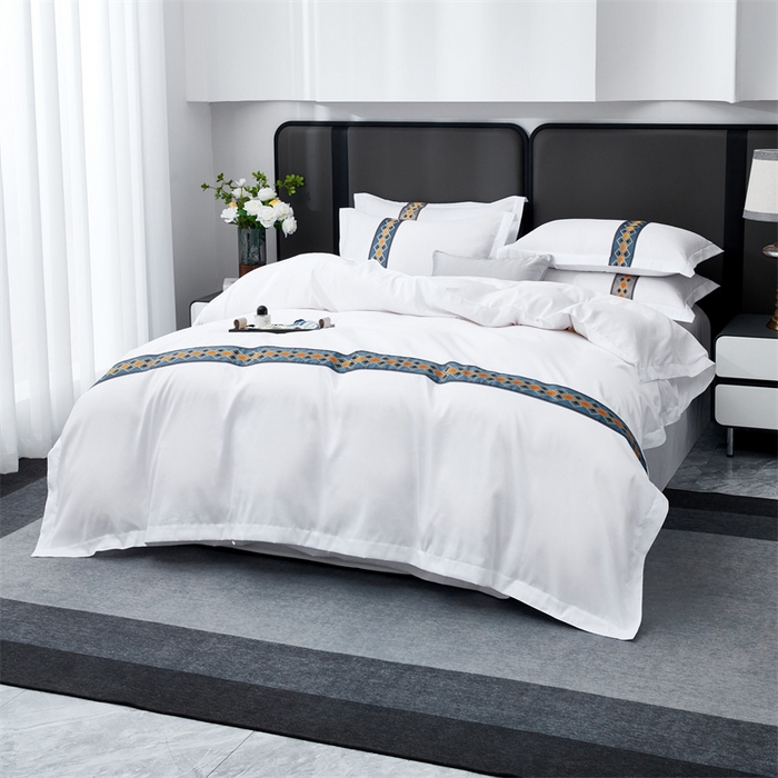 91家纺网 家纺一手货源 找家纺 罗菲尼酒店用品 2025新款织带高仿棉酒店四件套宾馆四件套 满客蓝