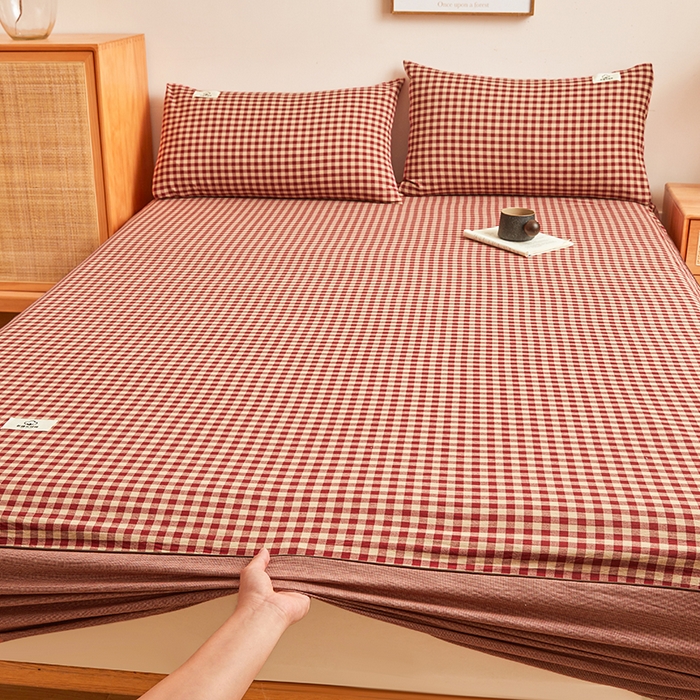 91家纺网 家纺一手货源 找家纺 笠客家纺 2024新款直播爆款色织纯棉全面水洗棉单品工艺款系列单床笠 芸素红