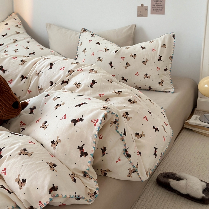 91家纺网 家纺一手货源 找家纺 洋铭区（原狠狠爱） 2024新款新花全棉双层纱四件套 快乐狗狗