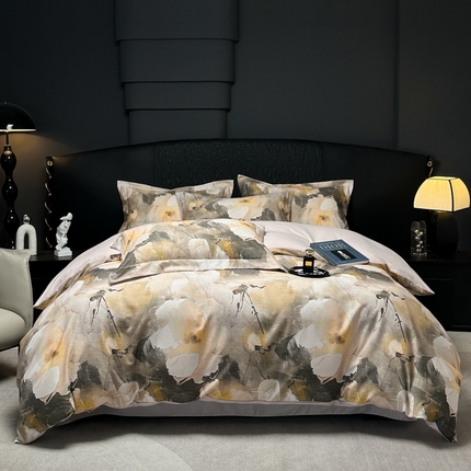 91家纺网 家纺一手货源 找家纺 宅家居 2024新款花卉亲肤棉数码印花加厚陶瓷生态磨毛四件套 羽叶