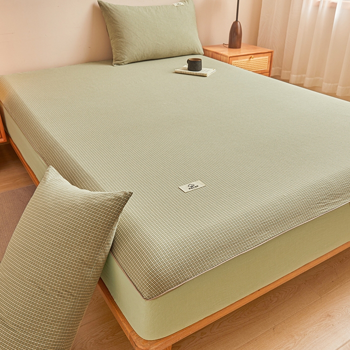 91家纺网 家纺一手货源 找家纺 笠客家纺 2024新款直播爆款色织纯棉全面水洗棉单品工艺款系列单床笠 夏末绿