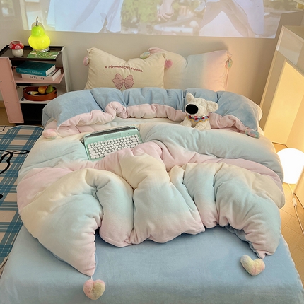 桃子家居 2024新款A类少女毛球工艺渐变蝴蝶刺绣数码印花加厚牛奶绒四件套 绒毛球蝴蝶-渐变粉蓝黄