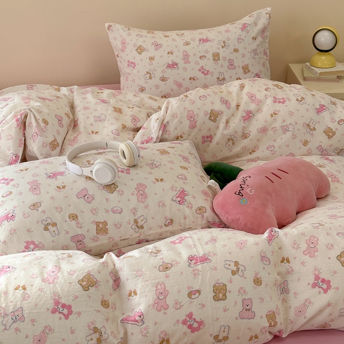 91家纺网 家纺一手货源 找家纺 洋铭区（原狠狠爱） 2024新款无边全棉双层纱四件套 花儿粉兔