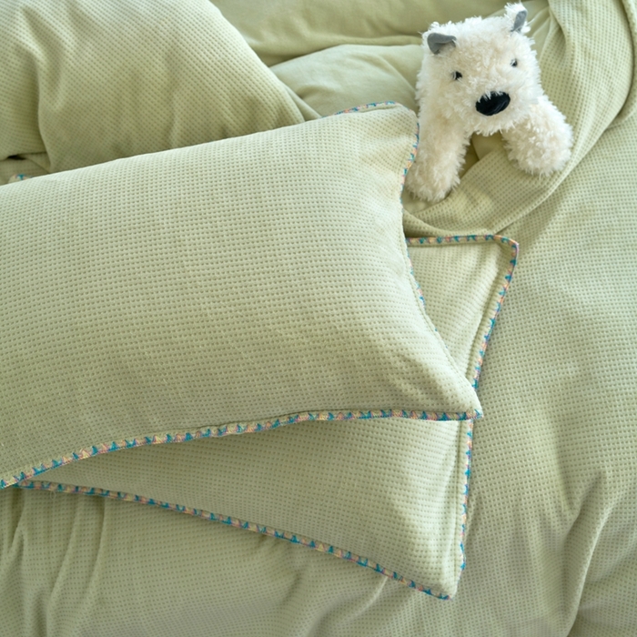 91家纺网 家纺一手货源 找家纺 洋铭区（原狠狠爱） 2024新款华夫格 绒（彩边）四件套 芦苇绿