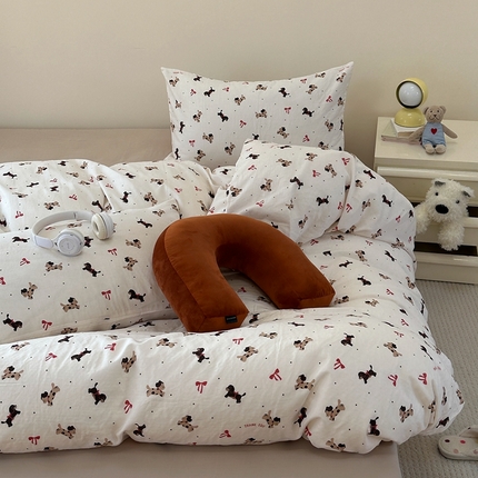 洋铭区（原狠狠爱） 2024新款无边全棉双层纱四件套 蝴蝶小咖狗