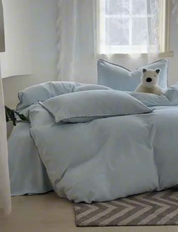 91家纺网 家纺一手货源 找家纺 洋铭区（原狠狠爱） 2024新款华夫格 绒（彩边）四件套 云水蓝