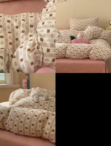 91家纺网 家纺一手货源 找家纺 洋铭区（原狠狠爱） 2024新款无边全棉双层纱四件套 小熊粉花