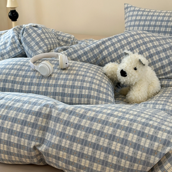 91家纺网 家纺一手货源 找家纺 洋铭区（原狠狠爱） 2024新款无边全棉双层纱四件套 绅士蓝格