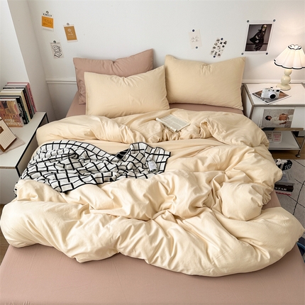 91家纺网 家纺一手货源 找家纺 多品家纺 2024新款超柔混搭水洗棉四件套--单被套 米黄+藕粉