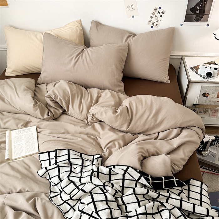 91家纺网 家纺一手货源 找家纺 多品家纺 2024新款超柔混搭水洗棉四件套 卡其灰+棕咖