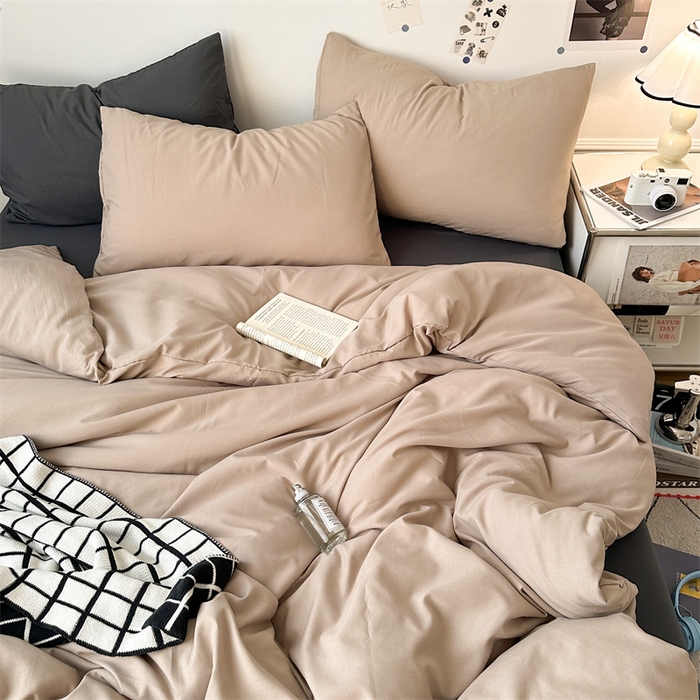 91家纺网 家纺一手货源 找家纺 多品家纺 2024新款超柔混搭水洗棉四件套 卡其灰+深灰