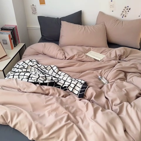 91家纺网 家纺一手货源 找家纺 多品家纺 2024新款超柔混搭水洗棉四件套 藕粉+深灰