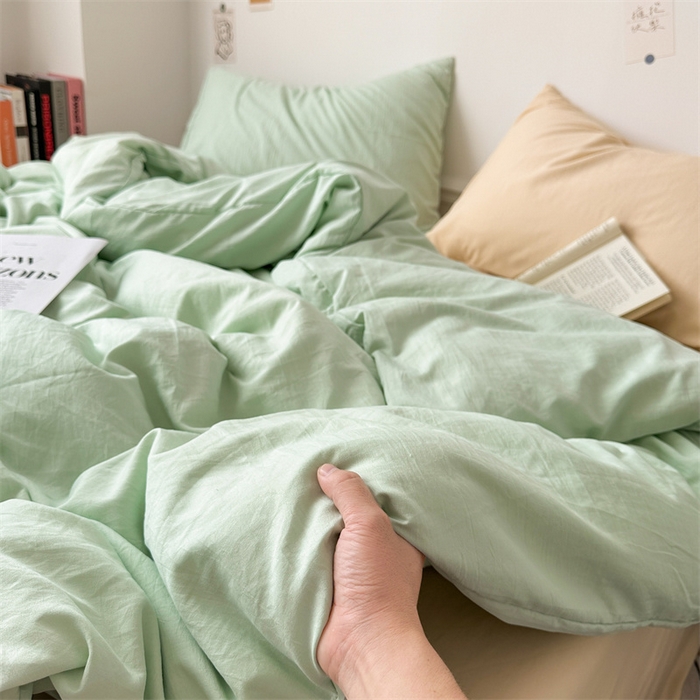 91家纺网 家纺一手货源 找家纺 多品家纺 2024新款超柔混搭水洗棉四件套 藻绿+米黄