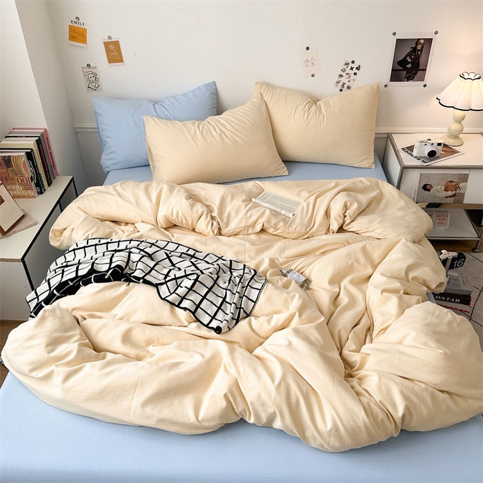 91家纺网 家纺一手货源 找家纺 多品家纺 2024新款超柔混搭水洗棉四件套 米黄+雾霾蓝