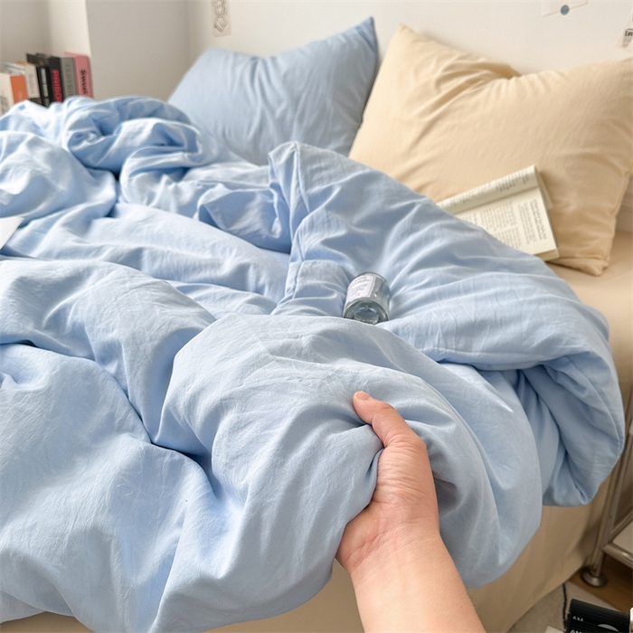 91家纺网 家纺一手货源 找家纺 多品家纺 2024新款超柔混搭水洗棉四件套--单被套 雾霾蓝+米黄