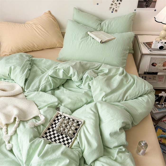 91家纺网 家纺一手货源 找家纺 多品家纺 2024新款超柔混搭水洗棉四件套--单被套 藻绿+米黄