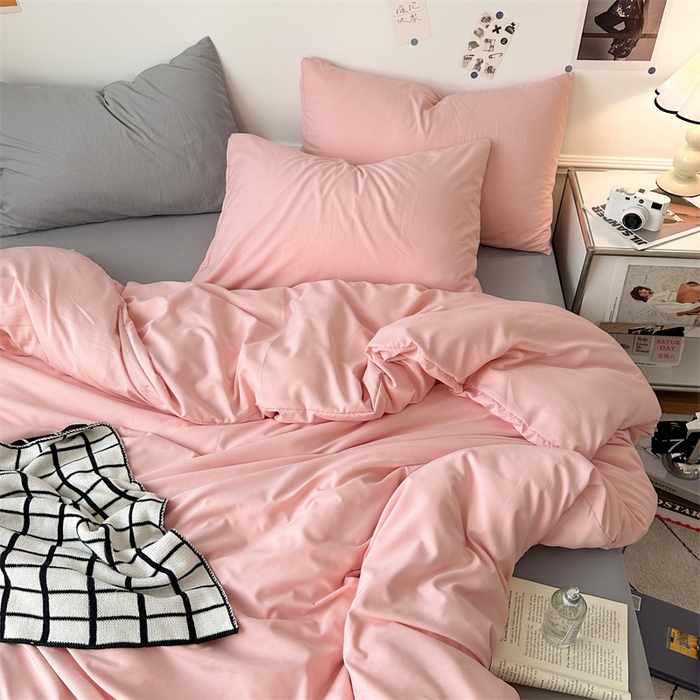 91家纺网 家纺一手货源 找家纺 多品家纺 2024新款超柔混搭水洗棉四件套--单被套 樱花粉+银灰