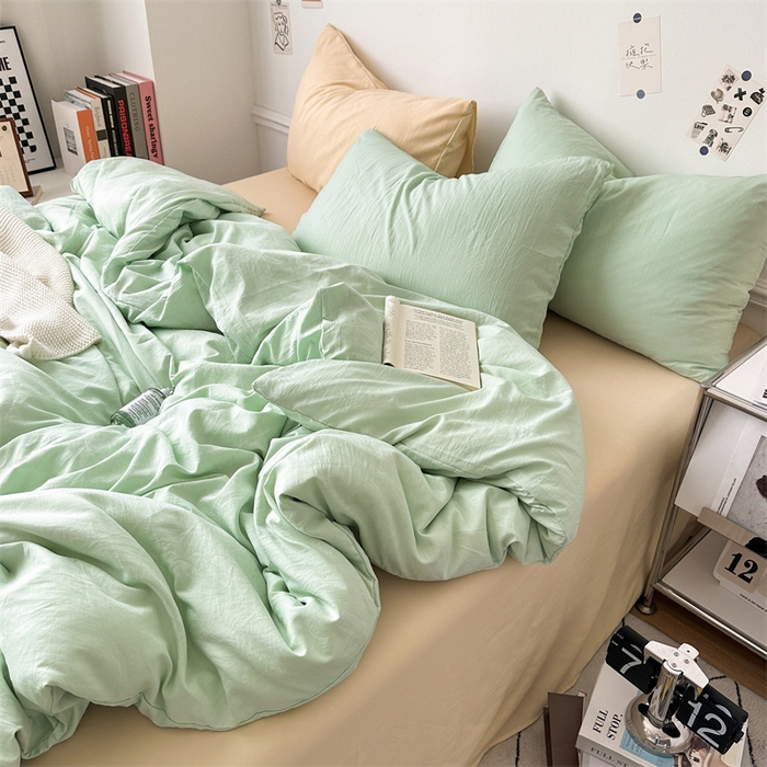 91家纺网 家纺一手货源 找家纺 多品家纺 2024新款超柔混搭水洗棉四件套--单被套 藻绿+米黄