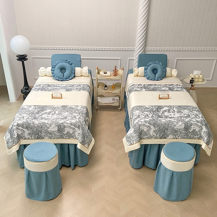 91家纺网 家纺一手货源 找家纺 莉人坊美容床罩批发 2024新款彩棉麻美容床罩系列 清雅湖蓝