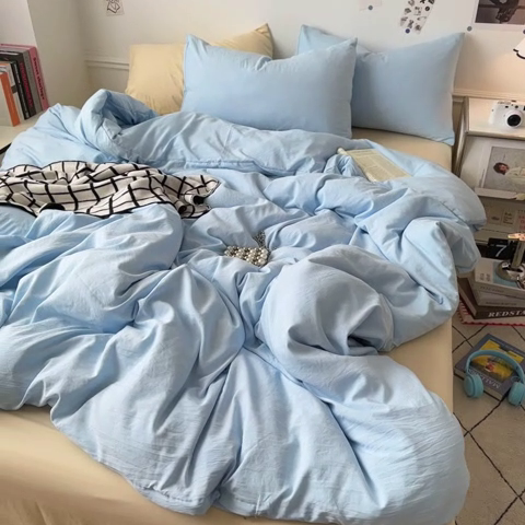 91家纺网 家纺一手货源 找家纺 多品家纺 2024新款超柔混搭水洗棉四件套 雾霾蓝+米黄