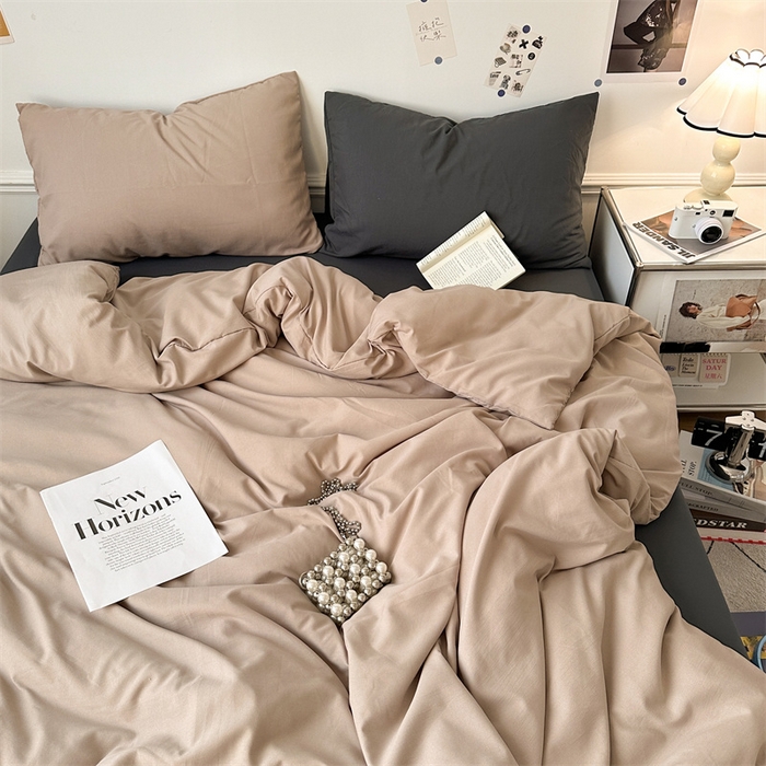 91家纺网 家纺一手货源 找家纺 多品家纺 2024新款超柔混搭水洗棉四件套 卡其灰+深灰