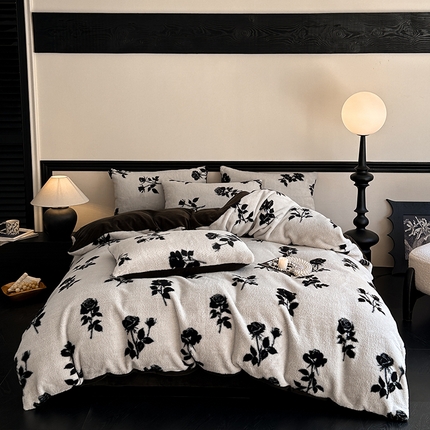 91家纺网 家纺一手货源 找家纺 798家纺 2025新款兔毛印花四件套美拉德系列 美拉德-复古玫瑰 灰