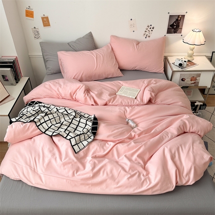 91家纺网 家纺一手货源 找家纺 多品家纺 2024新款超柔混搭水洗棉四件套--单被套 樱花粉+银灰