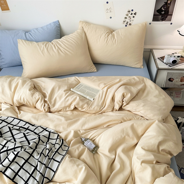 91家纺网 家纺一手货源 找家纺 多品家纺 2024新款超柔混搭水洗棉四件套 米黄+雾霾蓝