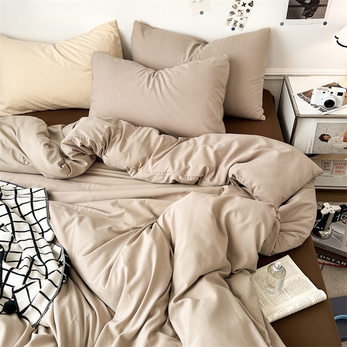 91家纺网 家纺一手货源 找家纺 多品家纺 2024新款超柔混搭水洗棉四件套 卡其灰+棕咖