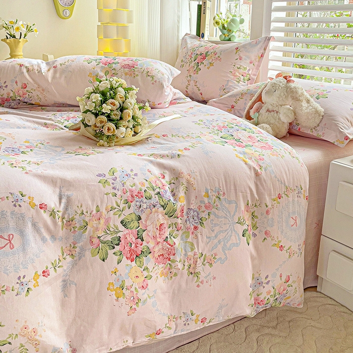 91家纺网 家纺一手货源 找家纺 优选良品 2025新款直播爆款全棉-ins印花系列四件套纯棉三件套床单床笠夕颜花开