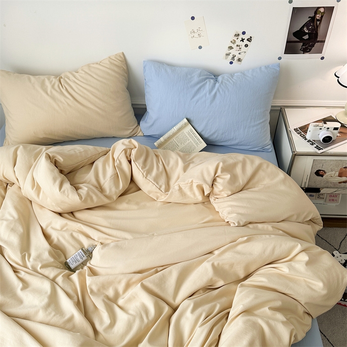 91家纺网 家纺一手货源 找家纺 多品家纺 2024新款超柔混搭水洗棉四件套--单被套 米黄+雾霾蓝