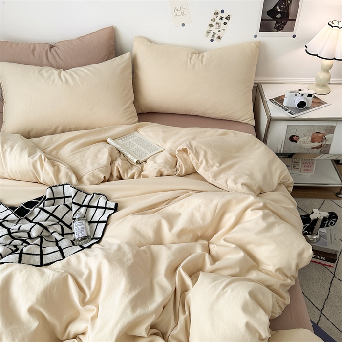 91家纺网 家纺一手货源 找家纺 多品家纺 2024新款超柔混搭水洗棉四件套 米黄+藕粉
