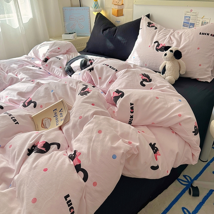 91家纺网 家纺一手货源 找家纺 阿曼达 2024新款ins博主风印花水洗m四件套 粉猫咪