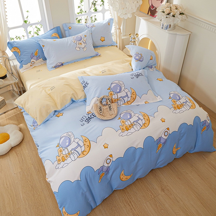 91家纺网 家纺一手货源 找家纺 钰伶 新款全棉简约12868印花纯棉四件套（预留6厘米缩水尺寸） 月亮宇航员