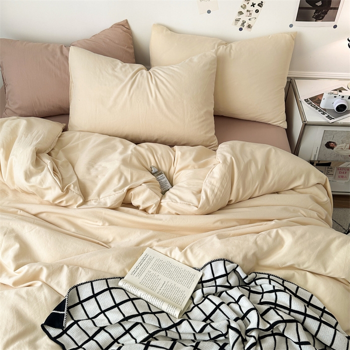 91家纺网 家纺一手货源 找家纺 多品家纺 2024新款超柔混搭水洗棉四件套--单被套 米黄+藕粉