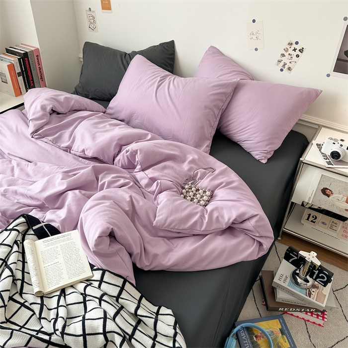 91家纺网 家纺一手货源 找家纺 多品家纺 2024新款超柔混搭水洗棉四件套--单被套 紫罗兰+深灰