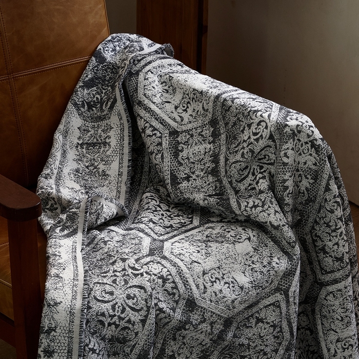 91家纺网 家纺一手货源 找家纺 子和 2024新款全棉缩绒毯（浅色） 大马士革深碳灰