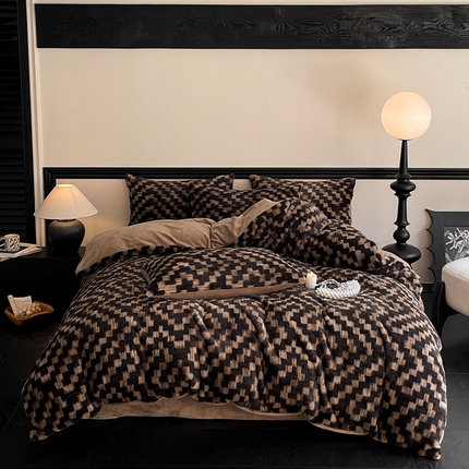 91家纺网 家纺一手货源 找家纺 798家纺 2025新款兔毛印花四件套美拉德系列 美拉德-复古棋盘格咖