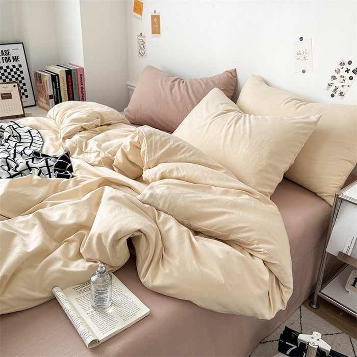 91家纺网 家纺一手货源 找家纺 多品家纺 2024新款超柔混搭水洗棉四件套 米黄+藕粉