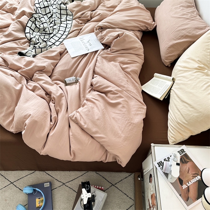 91家纺网 家纺一手货源 找家纺 多品家纺 2024新款超柔混搭水洗棉四件套--单被套 藕粉+棕咖